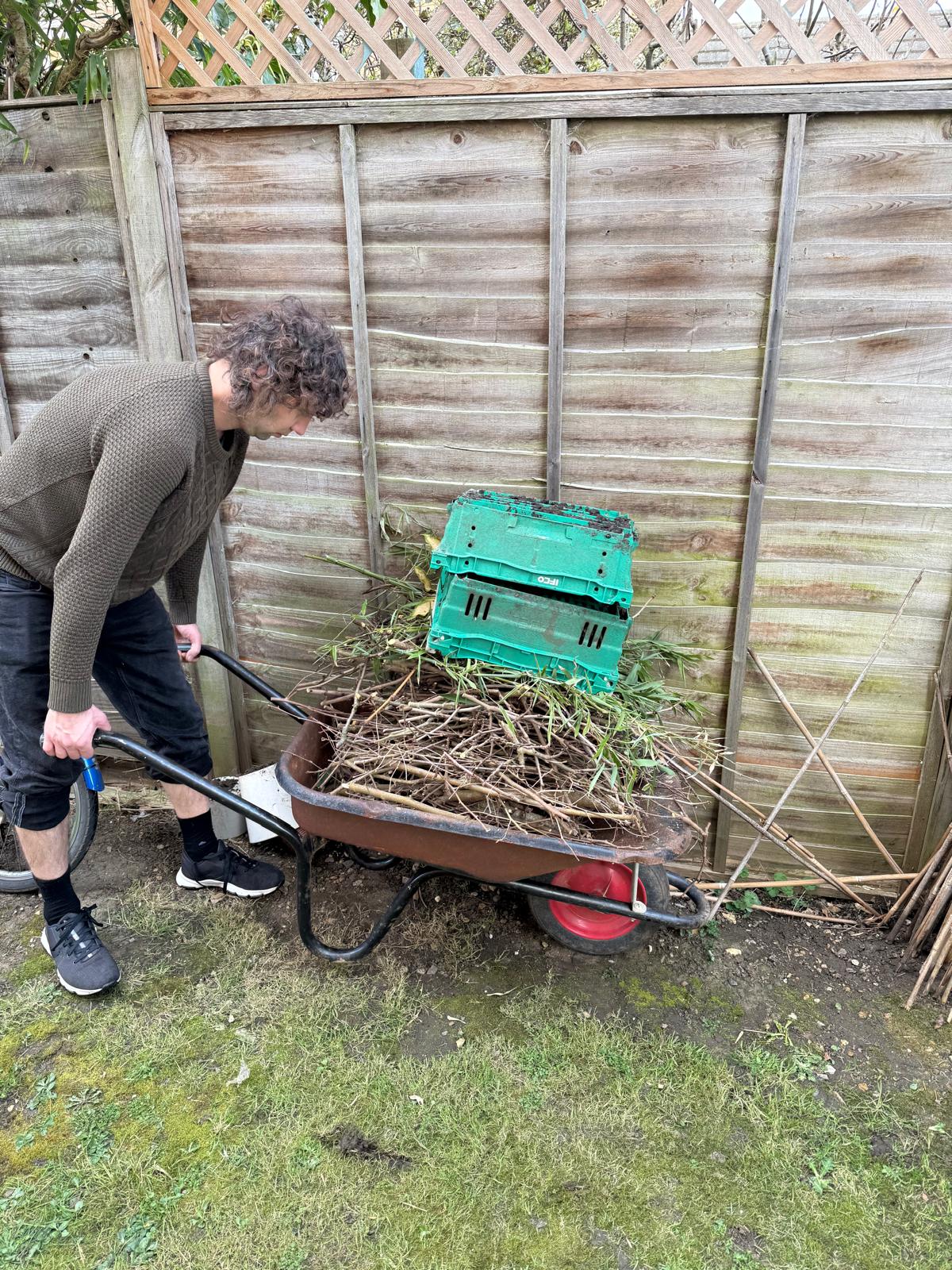 Moving garden cuttings in a wheelbarrow